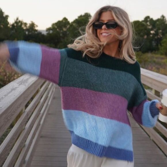 American Eagle Oversized Crew Neck Purple Green Blue Stripe Sweater Women's XS - Picture 1 of 7